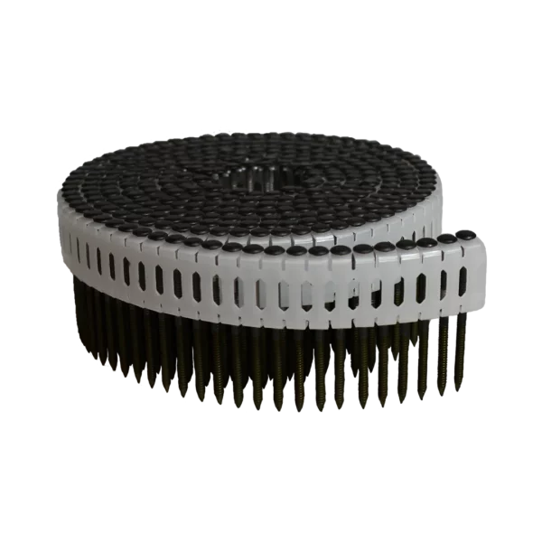 Plastic verbonden rolnagels 0º RVS zwart ringdraad ±5.8 mm bolkop gevlakt 2.5 x 35,45 en 50 mm
