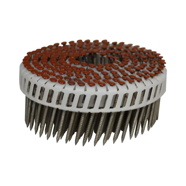 Plastic verbonden rolnagels RVS mahoniebruin met ringdraad en bolkop