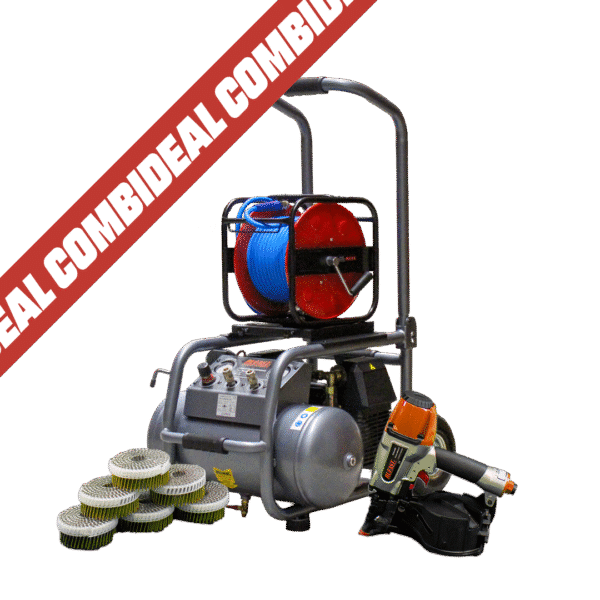 Combideal coilnailer met rolnagels 50 mm fluistercompressor en slanghaspel